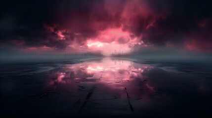 Naklejka premium Dark street with wet asphalt, reflection of rays in the water, Abstract pink background, fog smoke