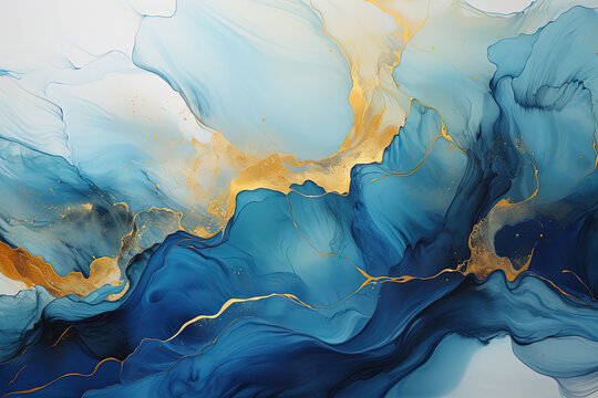 Abstract blue wave with gold lines watercolor texture painting, Generative Ai