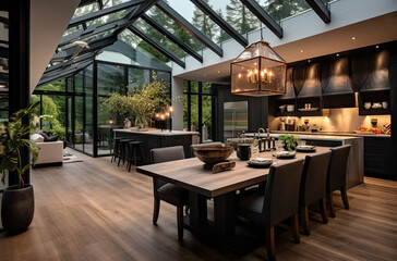 Fototapeta na wymiar modern kitchen with skylight in a glass house