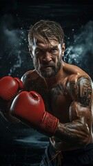 Muay Thai fighters of Asian and Caucasian descent release their punches during a tough training session, hitting the trainer during a sparring session..