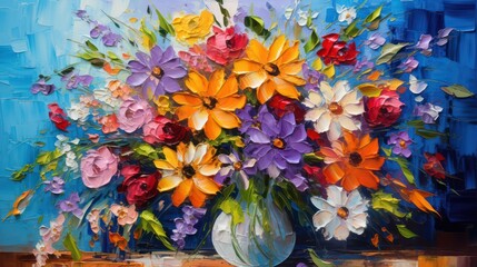 An expressive knife painting of a diverse and textured flower arrangement, well-suited for wall decoration, banners, and Valentine's Day presents.