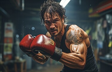 Muay Thai fighters of Asian and Caucasian descent release their punches during a tough training session, hitting the trainer during a sparring session..