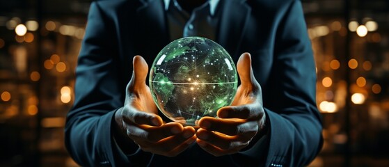 A businessman clutching an environmentally friendly image of Earth represents the commitment of the business to preserve the planet's ecosystem..