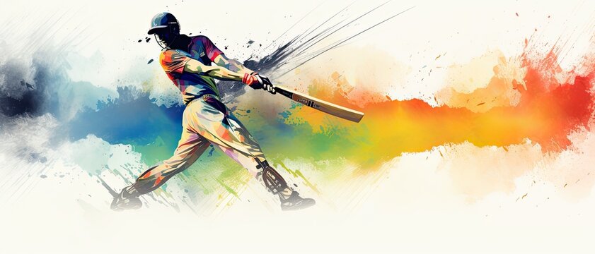 Illustration of a Cricket player  with colorful watercolor splash, isolated on white background .
