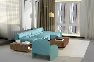 Grey and blue room with Christmas tree and sofa in a light interior, 3d render