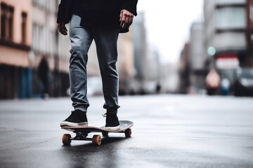 shot of a young man standing on a skateboard ready to push off