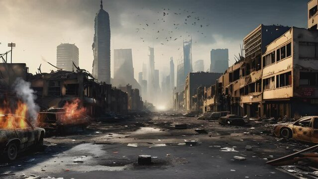 An artistic portrayal of a post-war city in ruins, with buildings crumbled and engulfed in flames. seamless looping 4K time-lapse virtual video animation background.