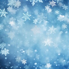 Naklejka na ściany i meble Natural Winter Christmas background with sky, heavy snowfall, snowflakes in different shapes and forms, snowdrifts. Winter landscape with falling christmas shining beautiful snow.