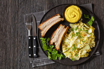 Haluski, fried cabbage, noodles with roast ribs