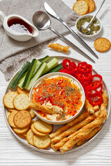 Hot Pepper Jelly Cheese Dip with crackers, veggies