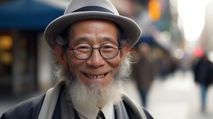 Fictitious happy Asian rabbi on a city street AI generative