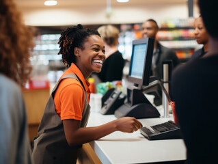 Fototapeta na wymiar A happy supermarket cashier at work