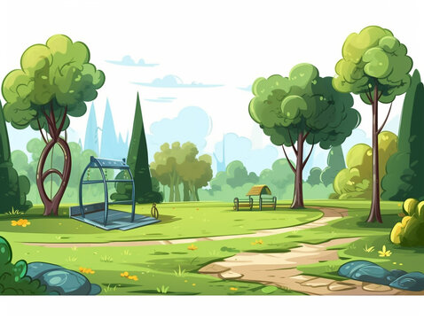 Cartoon style illustration of a beautiful public park equipped with public facilities. A calm and sunny day