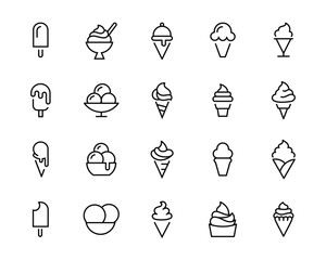 Ice cream icons set isolated on background. Dessert icecream editable stroke linear vector outline illustration, symbol logo design style