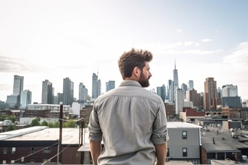 man gazing at urban city skyline from rooftop