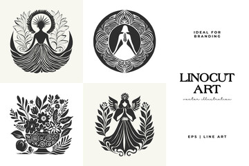 Fototapeta premium Abstract linocut flowers with magic, girls and mystical in ornate rural folk scandinavian style. Hand drawn Illustration, Linocut Blockprint.