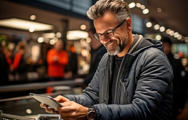 Within a mobile store While in the mobile and tablet store, the buyer selects a new model using an on-screen digital tablet. .