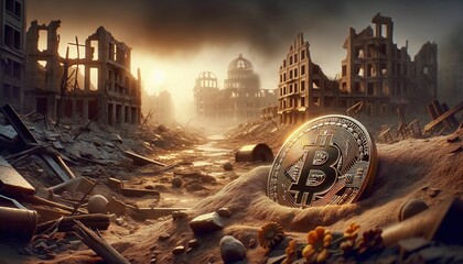AI illustration of a post-war battlefield, highlighting the resilience of Bitcoin