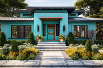 Fototapeta premium Contemporary Cottage style Home with a Turquoise Entrance Door and a front garden, high view