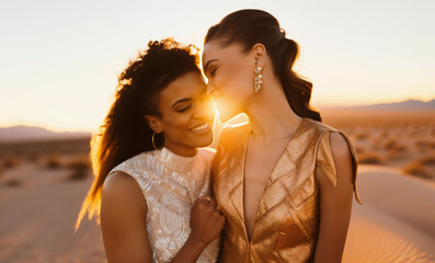 Wedding bridal portrait of fashionable glam interracial lesbian couple embracing outside in desert