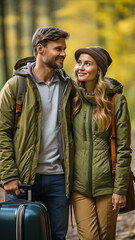 Fototapeta premium A couple pushing a suitcase by a car. Travel planning with consideration for objectives and traffic conditions.