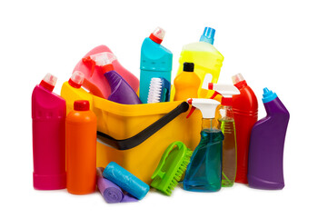 Cleaning supplies isolated on white background. Bottles with various detergents.Cleaning agent for...