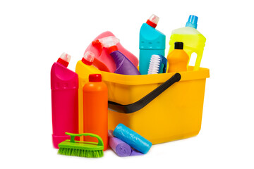 Cleaning supplies isolated on white background. Bottles with various detergents.Cleaning agent for windows, floor,toilets and plumbing fixtures.Cleaning of home and offices