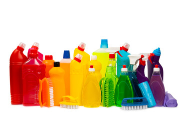 Bottles with various detergents isolated on a white background. Cleaning supplies.household...
