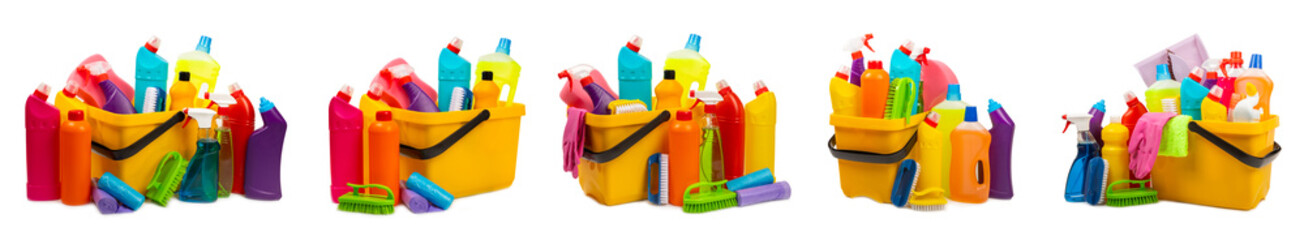 Cleaning supplies isolated on white background. Bottles with various detergents.Cleaning agent for windows, floor,toilets and plumbing fixtures.Cleaning of home and offices
