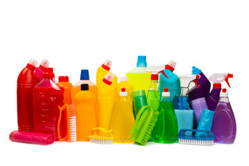 Bottles with various detergents isolated on a white background. Cleaning supplies.household cleaning tools and floor supplies.Cleaning agent for windows, toilets and plumbing fixtures. Rainbow