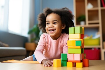 child smiling while playing with building blocks