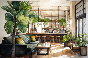 Watercolor sketches and lines of arranging and decorating seating areas in coffee shops - obrazy, fototapety, plakaty