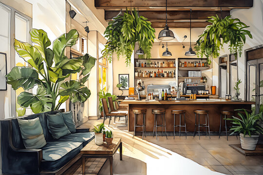 Watercolor sketches and lines of arranging and decorating seating areas in coffee shops