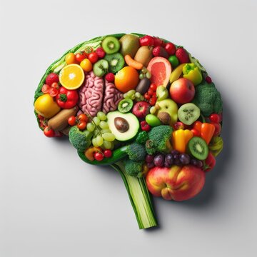 A brain made up of different types of fruits and vegetables in profile view 