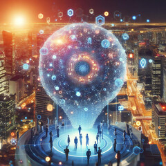 Big Data AI concept individuals find themselves towering structures interconnected by a web of data