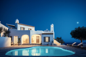 Traditional mediterranean house with swimming pool summer vacation, night time