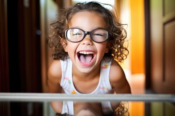 girl giggling at her reflection with goofy glasses - obrazy, fototapety, plakaty
