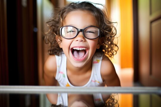 girl giggling at her reflection with goofy glasses