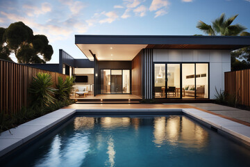 Exterior of luxury and modern beautiful minimal villa with swimming pool - obrazy, fototapety, plakaty