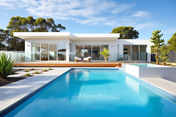 Fototapeta premium Exterior of beautiful modern minimal cubic house style, luxury residential architecture