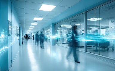 Naklejka na ściany i meble Doctors or nurses walk along the hospital corridor, motion blurred.