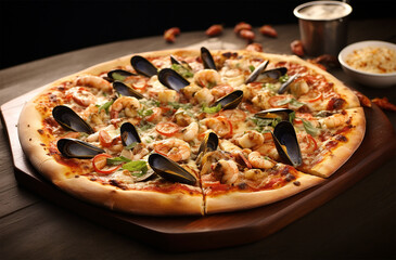 Seafood Pizza made with toppings such as shrimp, clams, mussels, and various seafood, and some vegetables