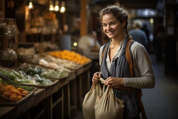 a young girl at the market with groceries chooses fruits and vegetables