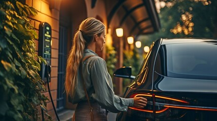 A qualified expert installs the home EV charging station and offers upkeep for the home battery charging platform of electric vehicles. . - obrazy, fototapety, plakaty