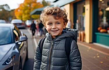Fototapeta premium EV charger pointed at the camera by a young boy on a road trip vacation in an environmentally friendly vehicle. Clean and sustainable energy is used by electric vehicles and charging stations..