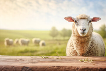 Fototapeta premium A cute lamb in a green pasture, part of a domestic livestock farming scene in the countryside.