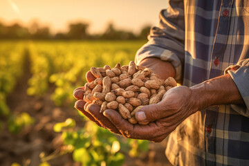 A farmer's hand cradling freshly harvested peanuts from a vibrant green field, showcasing the agricultural bounty of this nutritious nut. - Powered by Adobe