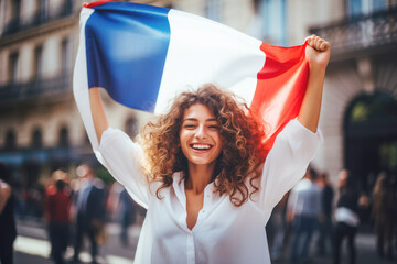 A female traveler from France, displaying her national flag as she explores the world, symbolizing her love for her country.