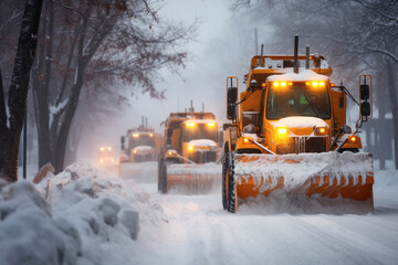 A snowplow trucks diligently clearing a city street during a heavy snowstorm, with snowdrifts piling up on the sides. - obrazy, fototapety, plakaty