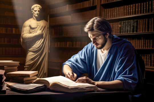 dedicated student engrossed in studying the works of ancient Greek philosophy and history in a library or university setting.